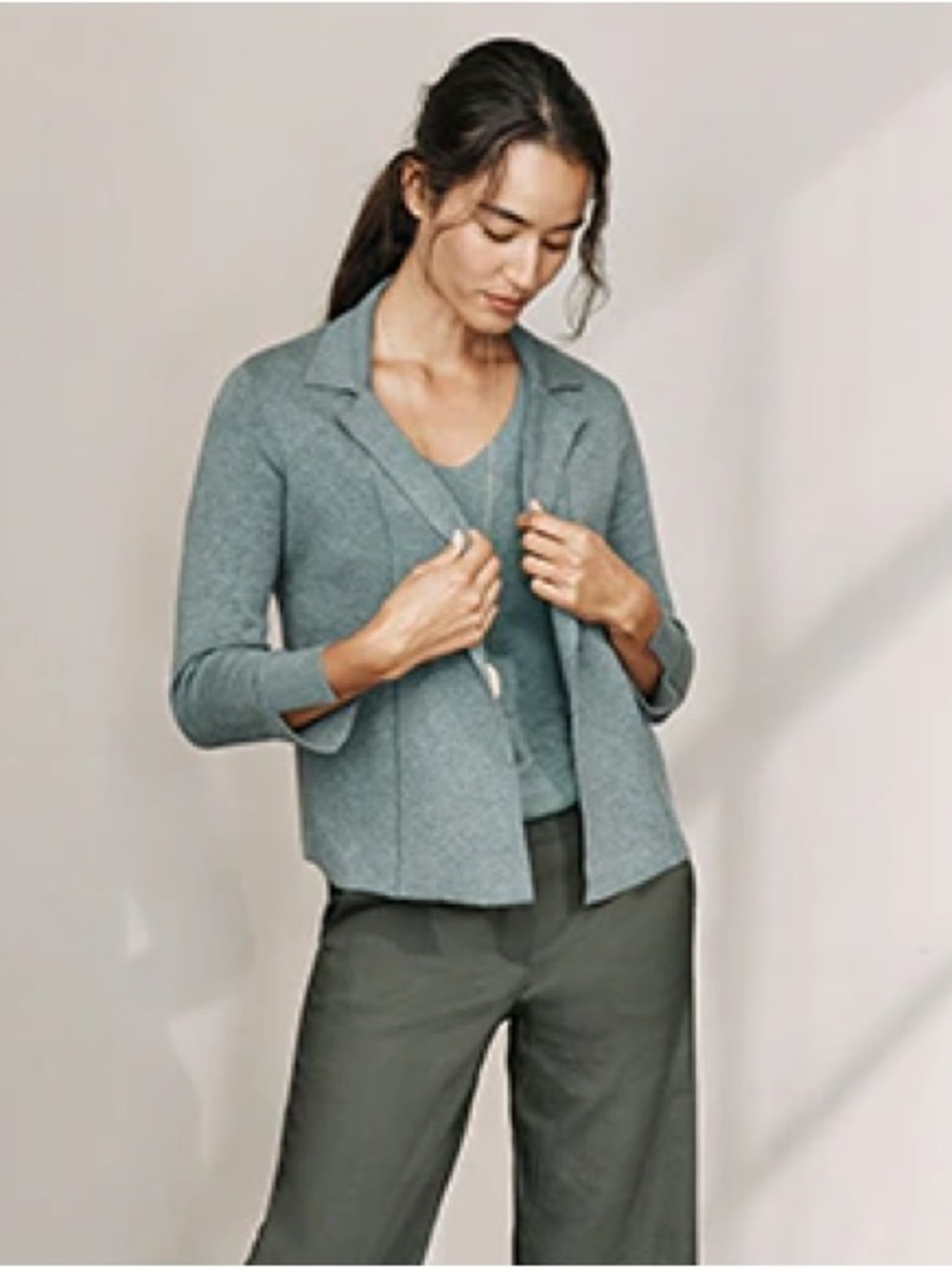 J Jill Teal Open-Front Cardigan Notched-Collar Sweater dusty teal blue XL